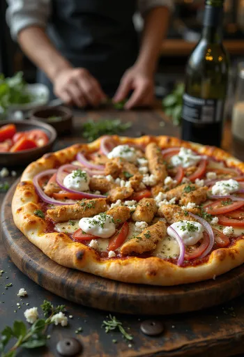 Gyros-Pizza mit gebratenem Hähnchen, Feta und Tzatziki-Sauce