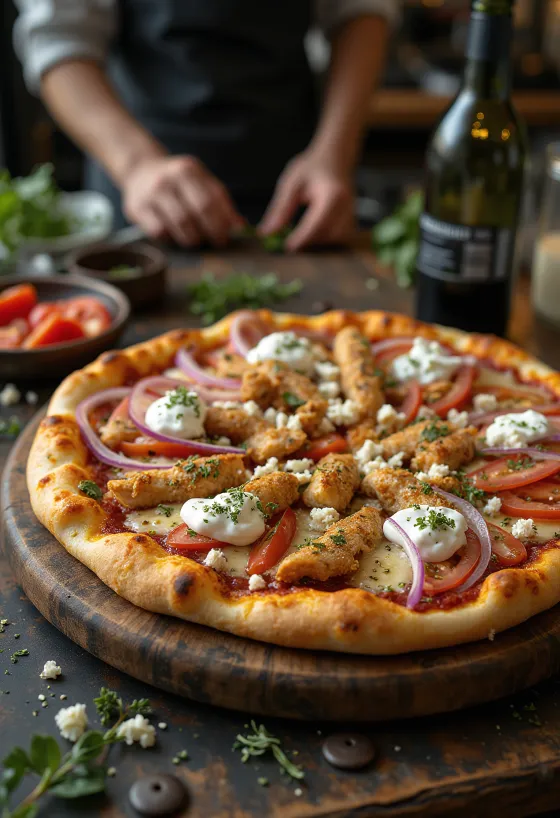 Gyros-Pizza mit gebratenem Hähnchen, Feta und Tzatziki-Sauce