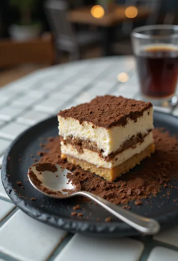 Tiramisu-Torte mit Kakao bestäubt