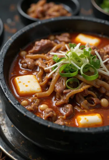 Traditionelles Yukgaejang, würzige Rindfleischsuppe mit Gemüse