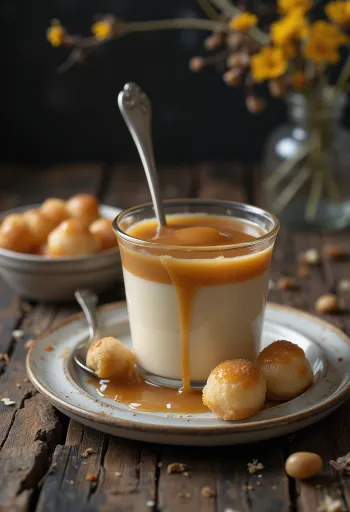 Karamellpudding mit Schlagsahne und Karamellsauce dekoriert