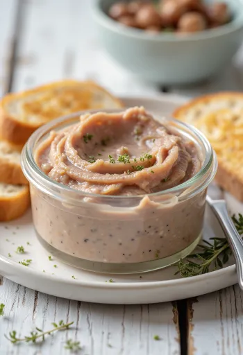 Cremige Leberpastete auf frische Brotscheiben gestrichen, mit Kräutern verziert.