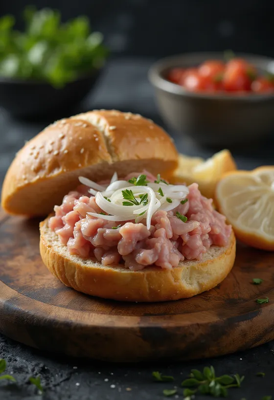 Mettbrötchen, rohes Schweinefleisch auf Brötchen mit Zwiebeln