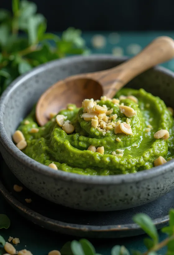 Veganes Pesto mit Hefeflocken auf Pasta serviert