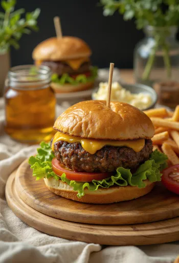 Robbenfleisch-Burger serviert mit Salat, Tomate und Mayonnaise.