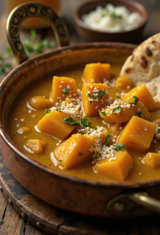 Cremiges Kürbis-Curry mit frischem Koriander serviert