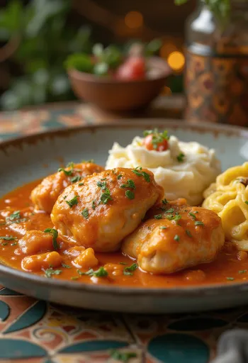 Paprikahähnchen mit Schmand und saftigen Hähnchenstücken, serviert in einer milden Schmand-Paprika-Sauce