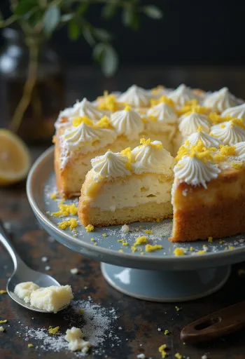 Klassischer Quarkkuchen ohne Boden, mit Puderzucker bestäubt