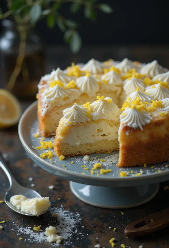 Klassischer Quarkkuchen ohne Boden, mit Puderzucker bestäubt