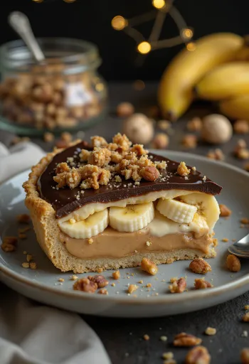 Bananen-Erdnuss-Tarte mit Schokolade und Nüssen dekoriert