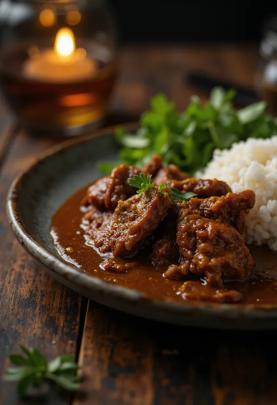 Beef Rendang serviert mit Reis und frischem Koriander