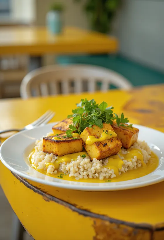 Gegrillter Tofu mit Quinoa-Curry und Tahini serviert