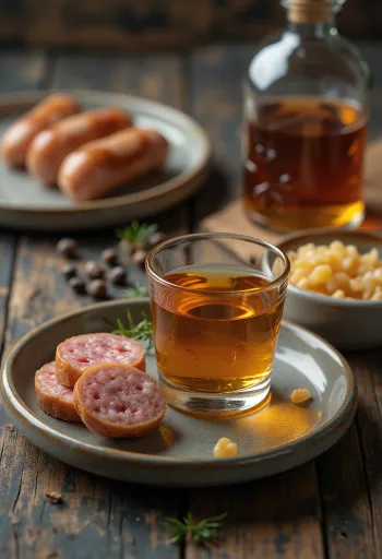 Likörglas mit Wurst-Likör, daneben geräucherte Wurst und Gewürze