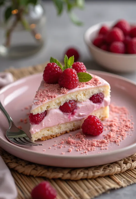 Servierte Joghurt-Himbeer-Torte mit frischen Himbeeren und Puderzucker