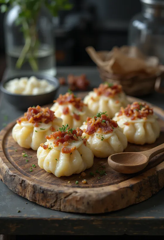 Brimsennocken (Strapatschka) serviert mit Schmand und gebratenem Speck.