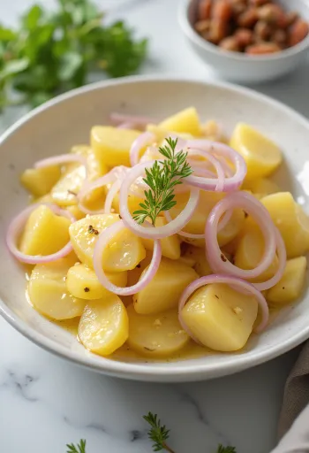 Frischer Kartoffelsalat mit gekochten Kartoffeln, roten Zwiebeln und frischer Petersilie serviert