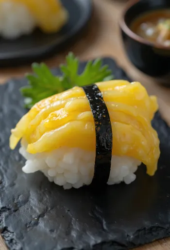 Nigiri mit Tamagoyaki, serviert mit frischem Koriander