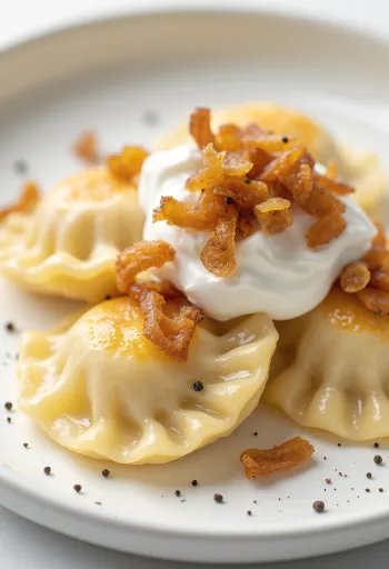 Pierogi mit Schmand, serviert mit Röstzwiebeln