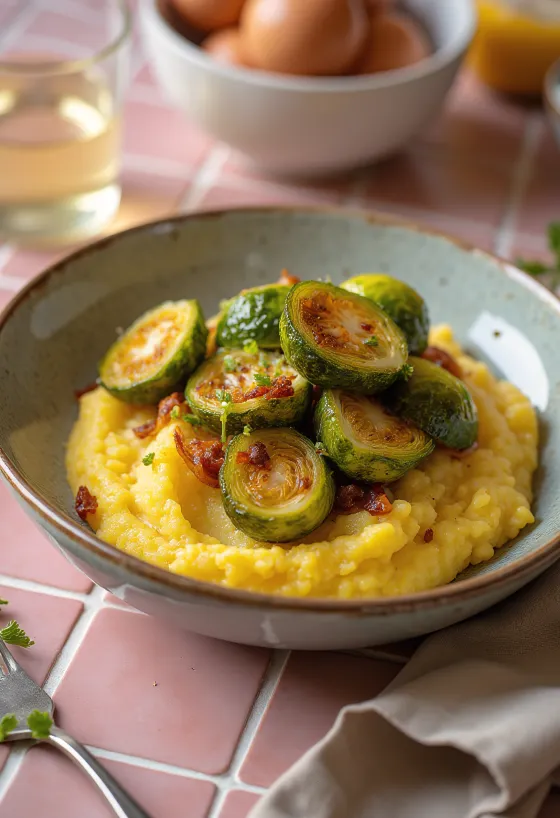 Polenta mit geröstetem Rosenkohl serviert, Kombination aus cremiger Basis und knusprigem Gemüse