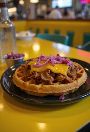 Pulled-Pork-Waffeln mit BBQ-Sauce und roten Zwiebeln