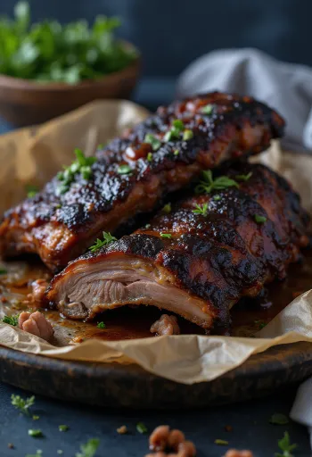Geräucherte Büffelrippchen serviert auf einer rustikalen Platte mit Barbecue-Sauce.