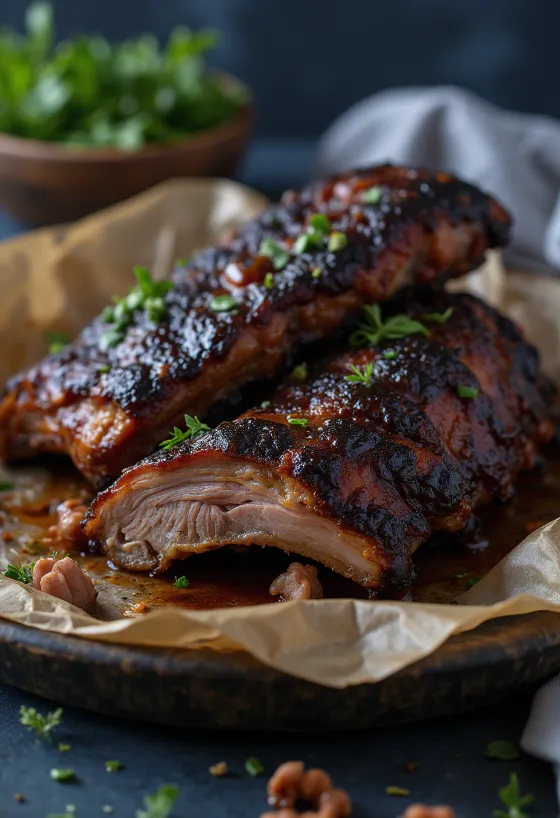 Geräucherte Büffelrippchen serviert auf einer rustikalen Platte mit Barbecue-Sauce.