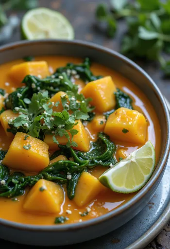 Kürbis-Curry mit Spinat serviert