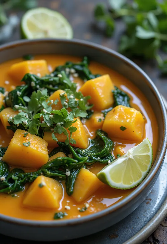 Kürbis-Curry mit Spinat serviert