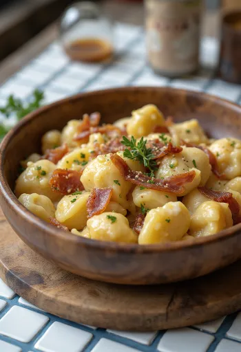Sztrapacska mit Schafskäse und knusprig gebratenen Speckwürfeln