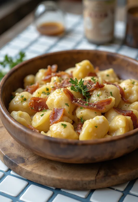 Sztrapacska mit Schafskäse und knusprig gebratenen Speckwürfeln