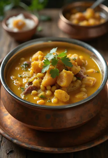 Araichuvitta Kootu serviert mit frischem Gemüse und Linsen