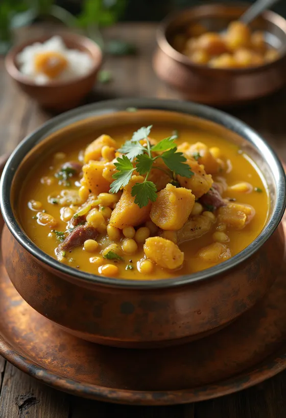 Araichuvitta Kootu serviert mit frischem Gemüse und Linsen