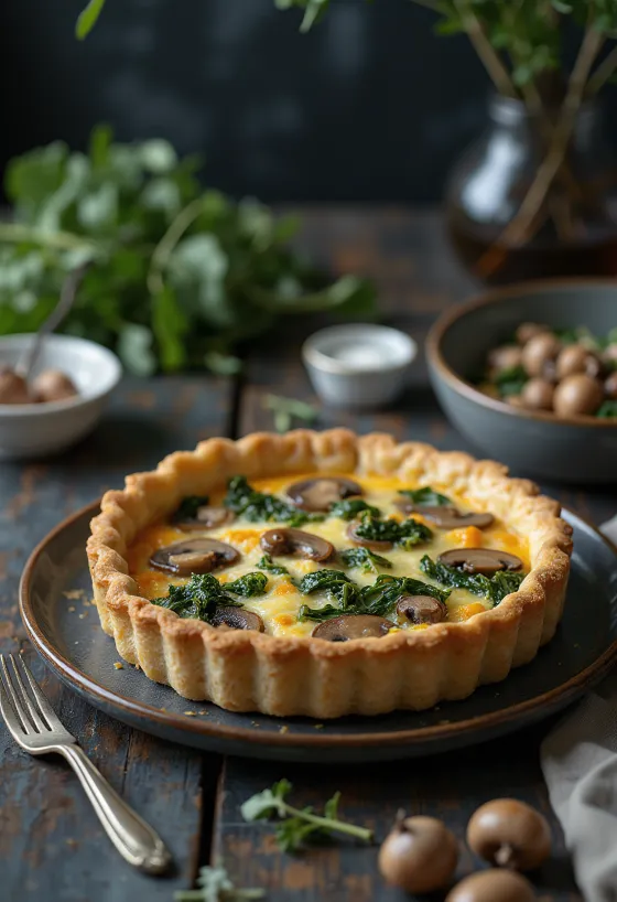 Frisch gebackene Pilz-Spinat-Quiche