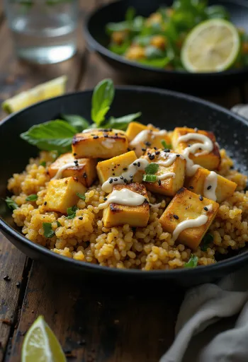 Tofu-Quinoa-Wok mit Curry-Tahini-Sauce serviert