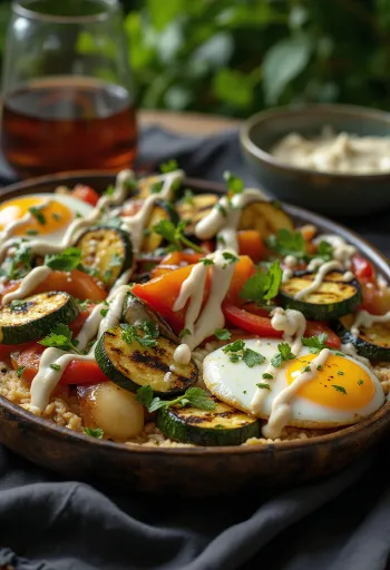 Gegrilltes Gemüse mit Tahini-Sauce und Petersilie garniert
