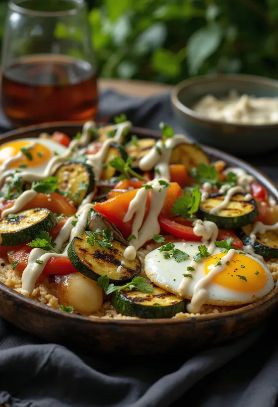 Gegrilltes Gemüse mit Tahini-Sauce und Petersilie garniert