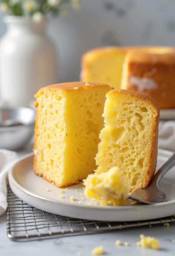 Aufgeschnittener Biskuitboden mit goldbrauner Kruste