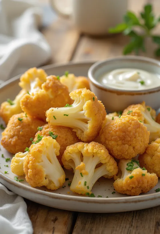 Panierter Blumenkohl goldbraun gebacken, in knuspriger Hülle serviert