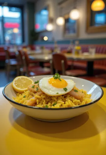 Kedgeree mit geräuchertem Schellfisch serviert in einer Schüssel mit Eiern und Petersilie.