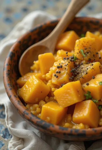 Cremiges Kürbis-Süßkartoffel-Curry serviert