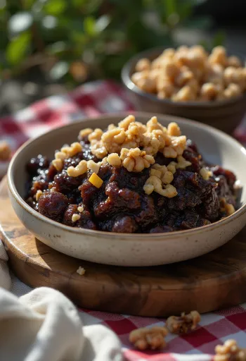 Anjeer ka Halwa mit reichen Feigenaromen, gerösteten Nüssen und Rosenwasser.