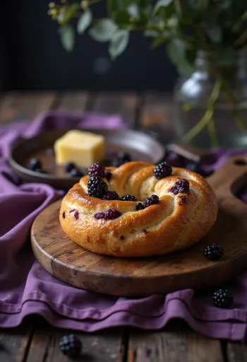 Frisch gebackene Bagels mit schwarzen Johannisbeeren und Marzipan