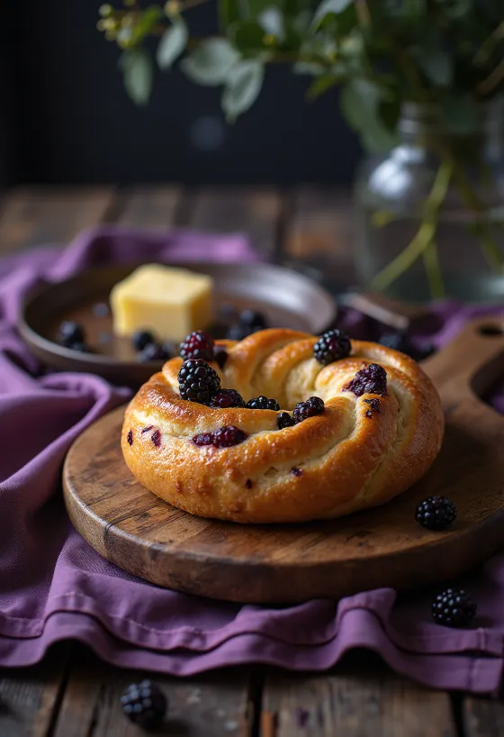 Frisch gebackene Bagels mit schwarzen Johannisbeeren und Marzipan