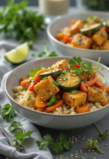 Wok-Gemüse mit Tofu und Curry-Quinoa