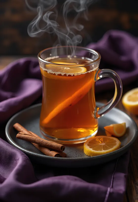 Hot Toddy mit Zimtstange und Zitronenscheibe