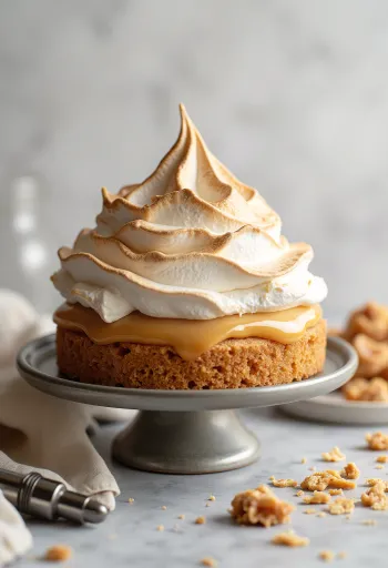 Karamell-Baiser-Torte mit Küchenbrenner karamellisiert