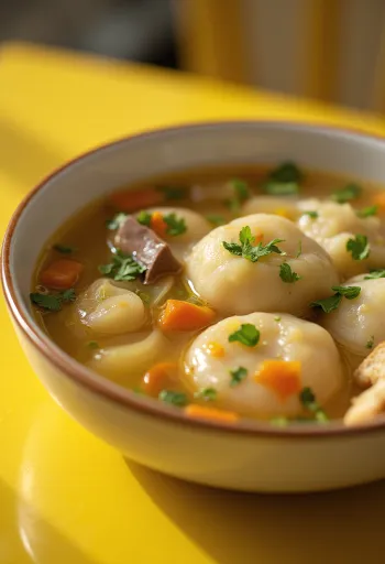 Traditionelle Leberknödelsuppe, serviert mit Gemüse und Petersilie.