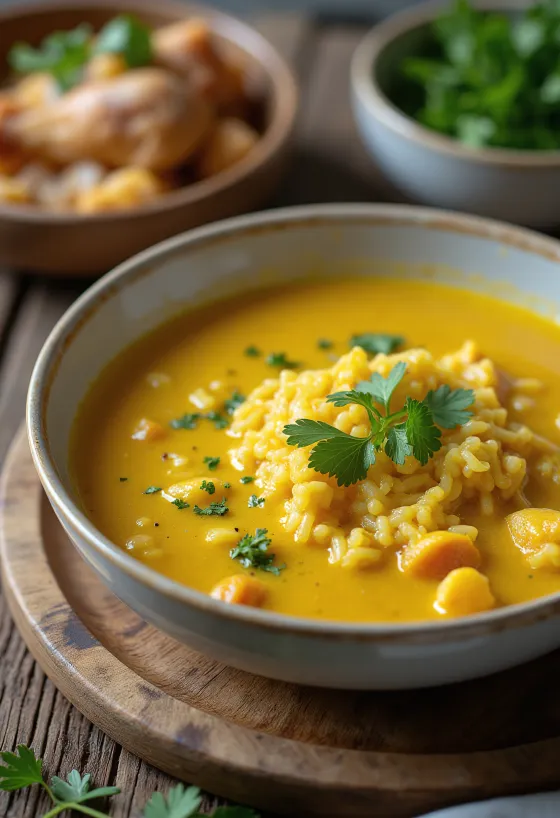 Mulligatawny-Suppe mit Hähnchen serviert