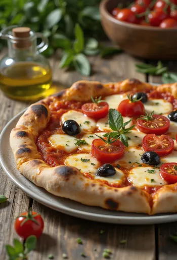 Pizza alla Barese mit Tomaten und schwarzen Oliven