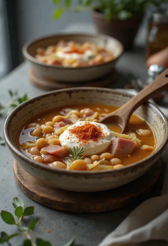 Bohnensuppe mit Sauerkraut, Räucherfleisch und frischen Kräutern serviert